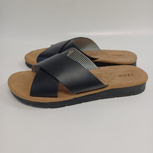 IZOD Sandals Black Tan Alyssa Criss Cross Slip On Open Toe Flats Womens 6 M - Picture 9 of 15
